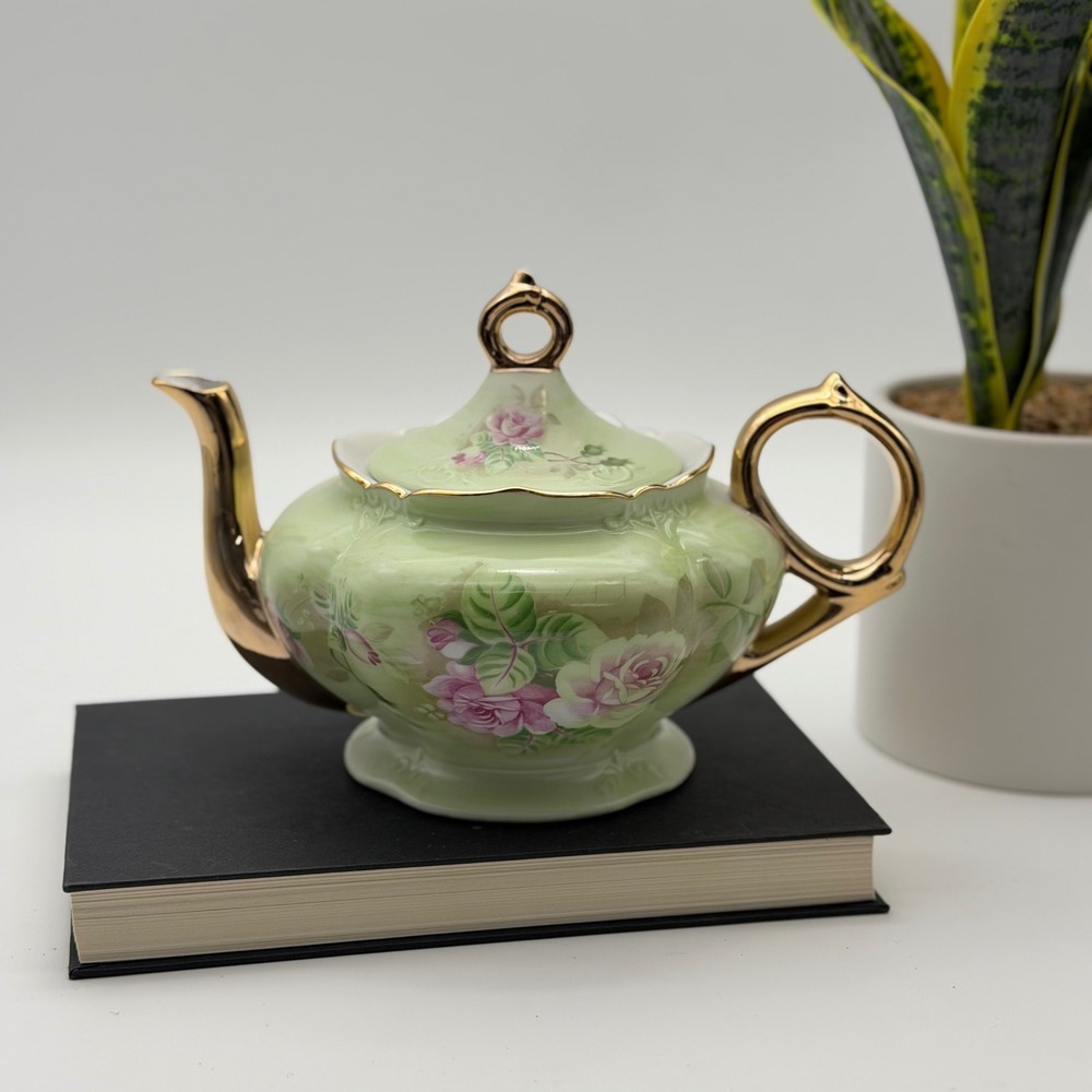 Vintage Lefton China Hand Painted Pink Rose Teapot 05857 Green Gold Trim
